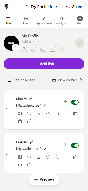 Linktree's page editor