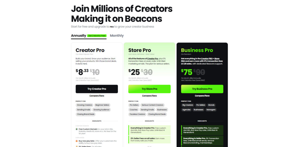 Beacons' Pricing page