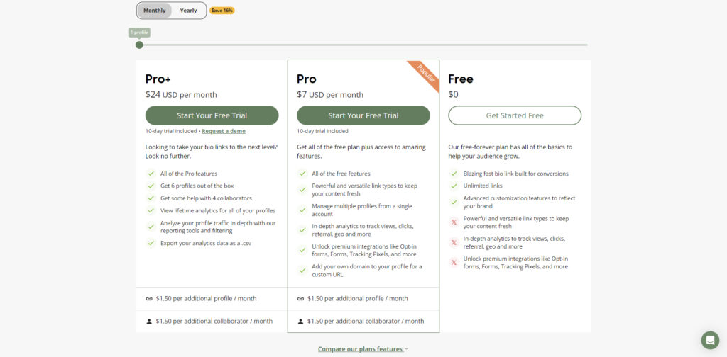 Campsite.bio's Pricing page