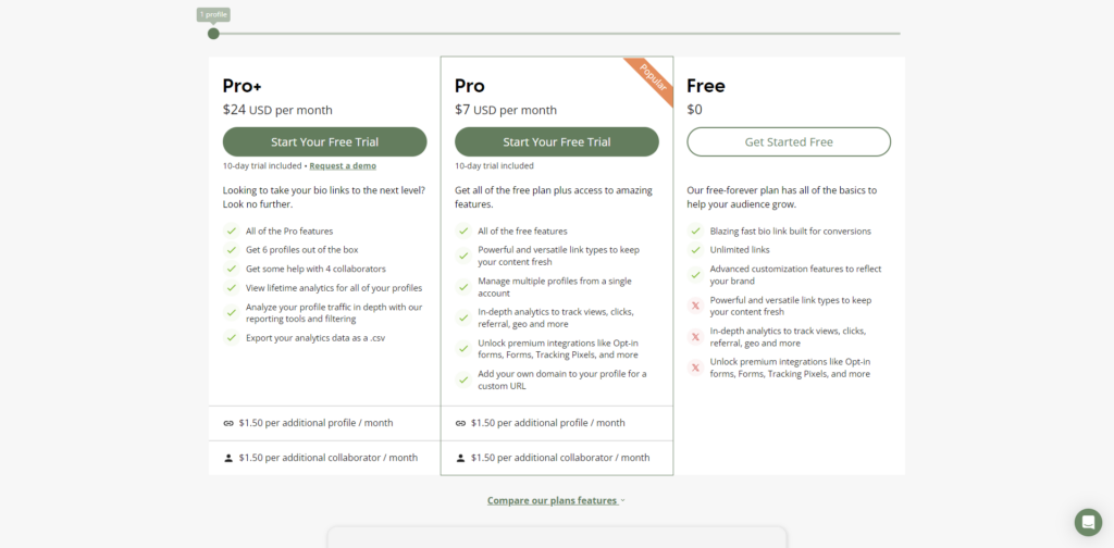 Campsite.bio's Pricing page