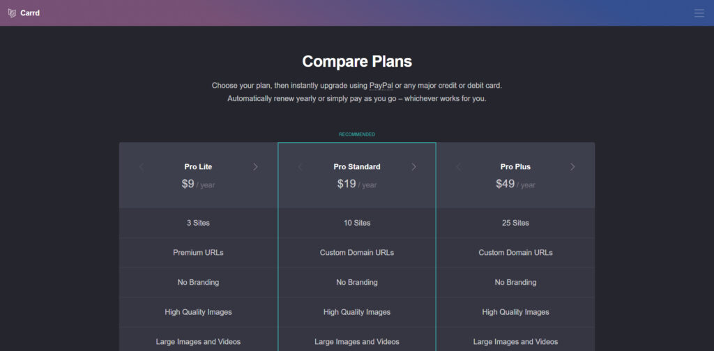 Carrd's Pricing page