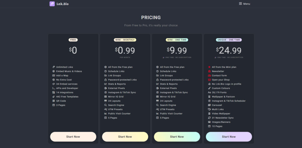 Lnk.Bio's Pricing page