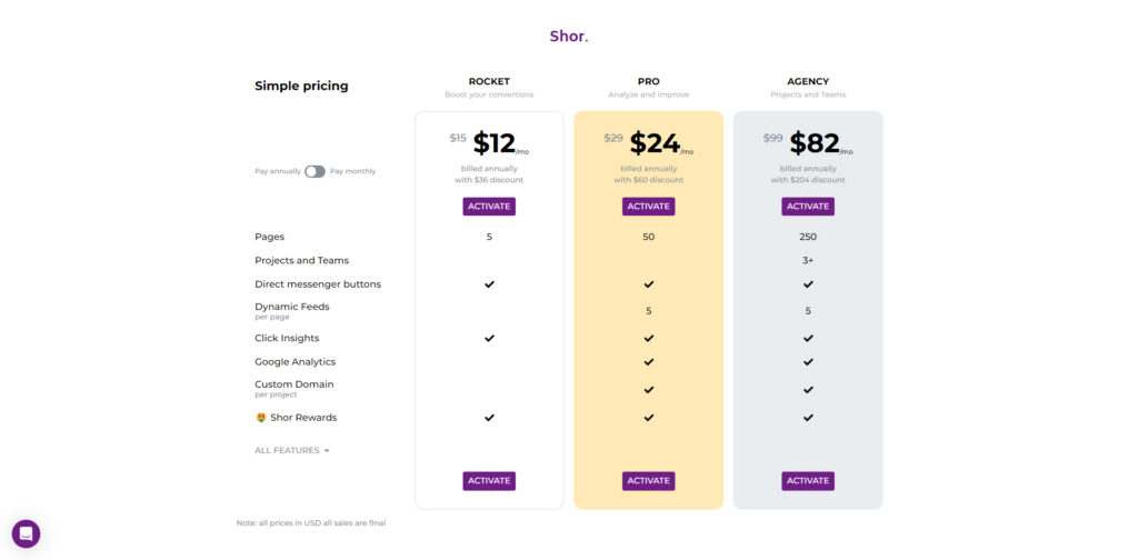 Shorby's Pricing page