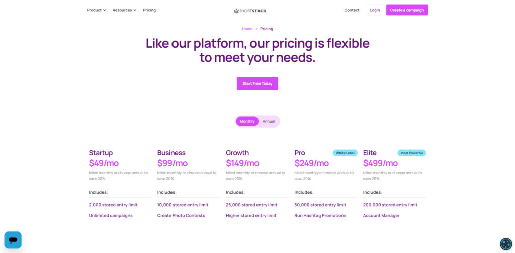 ShortStack's Pricing page