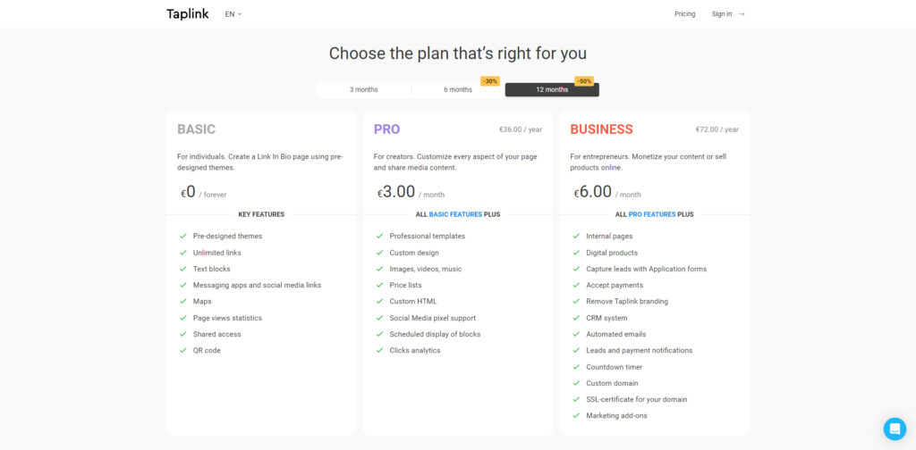 Taplink's Pricing page