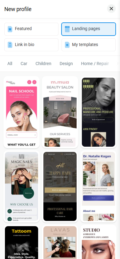 Taplink's template library