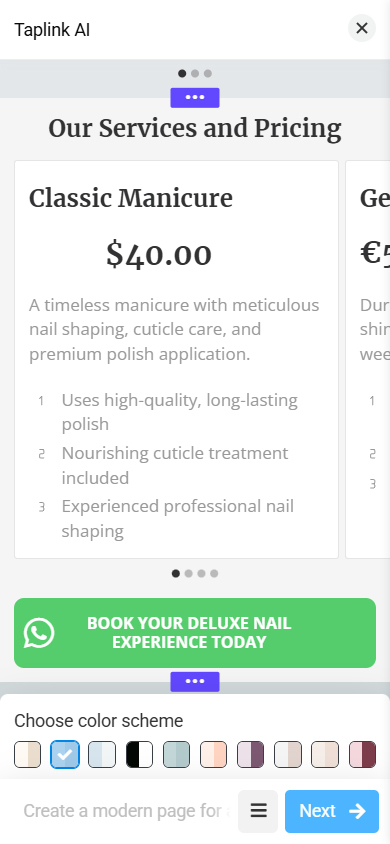 Third part of a page generated by Taplink AI