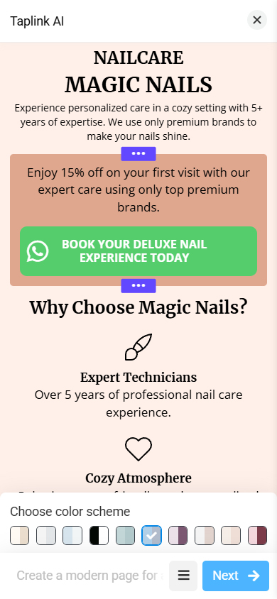 Generated page with beige color theme selected