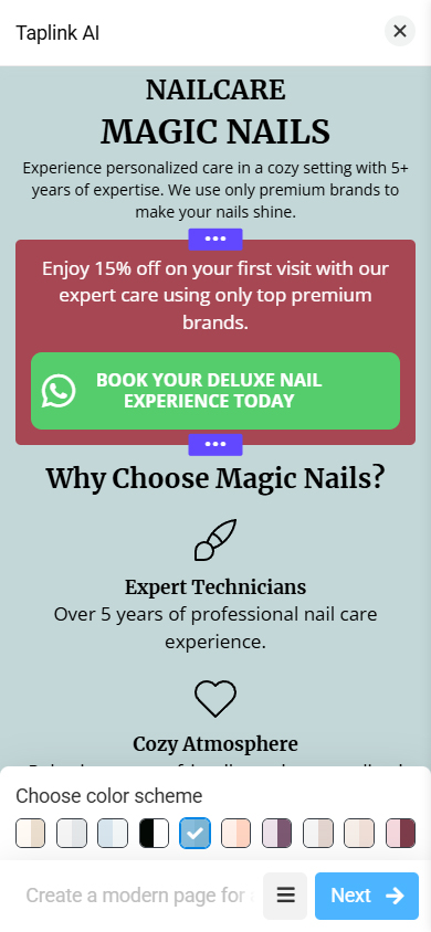 Generated page with green color theme selected